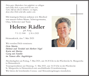 Traueranzeige von Helene Rädler von Der Westallgäuer