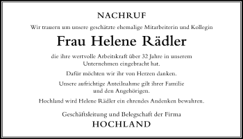 Traueranzeige von Helene Rädler von Der Westallgäuer
