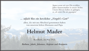 Traueranzeige von Helmut Mader von Der Westallgäuer
