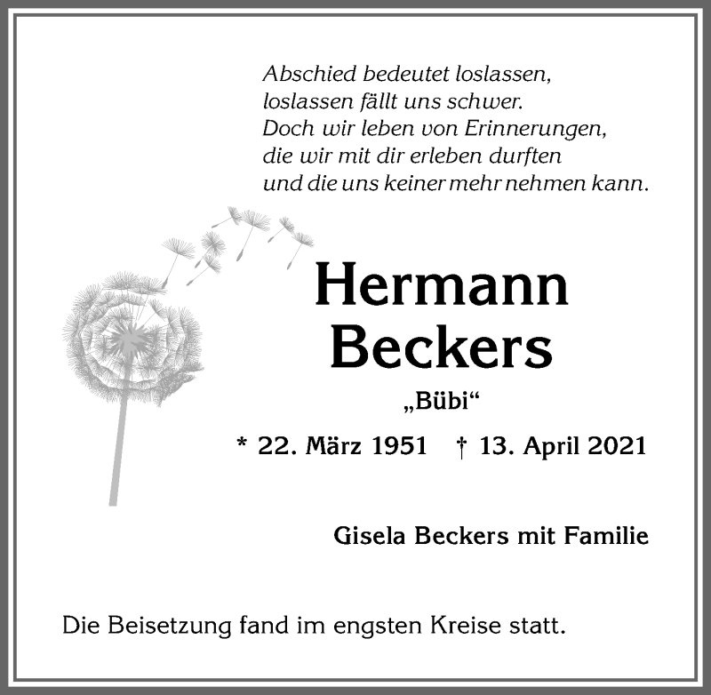  Traueranzeige für Hermann Beckers vom 03.05.2021 aus Allgäuer Anzeigeblatt