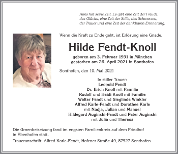 Traueranzeige von Hilde Fendt-Knoll von Allgäuer Zeitung