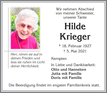 Traueranzeige von Hilde Krieger von Allgäuer Zeitung,Kempten