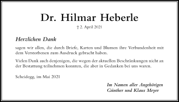 Traueranzeige von Hilmar Heberle von Der Westallgäuer