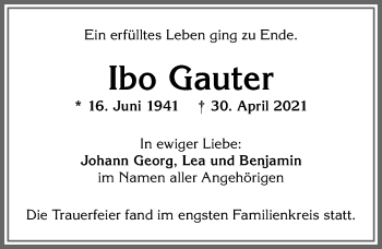 Traueranzeige von Ibo Gauter von Allgäuer Zeitung,Kempten