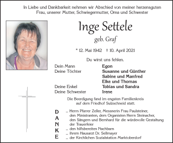Traueranzeige von Inge Settele von Allgäuer Zeitung, Marktoberdorf