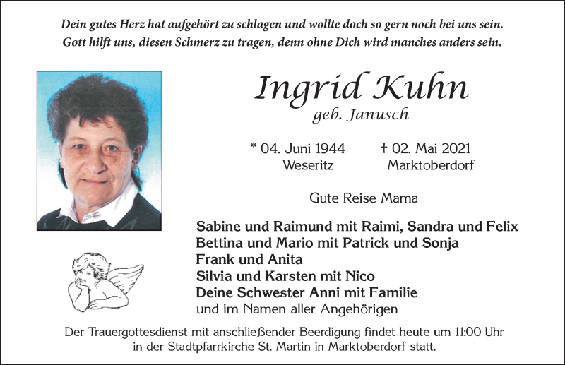  Traueranzeige für Ingrid Kuhn vom 05.05.2021 aus Allgäuer Zeitung, Marktoberdorf