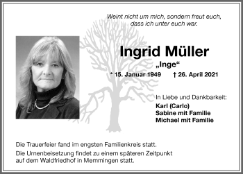 Traueranzeige von Ingrid Müller von Memminger Zeitung