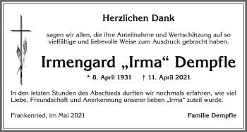 Traueranzeige von Irmengard Dempfle von Allgäuer Zeitung