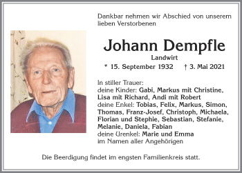 Traueranzeige von Johann Dempfle von Allgäuer Zeitung, Kaufbeuren/Buchloe
