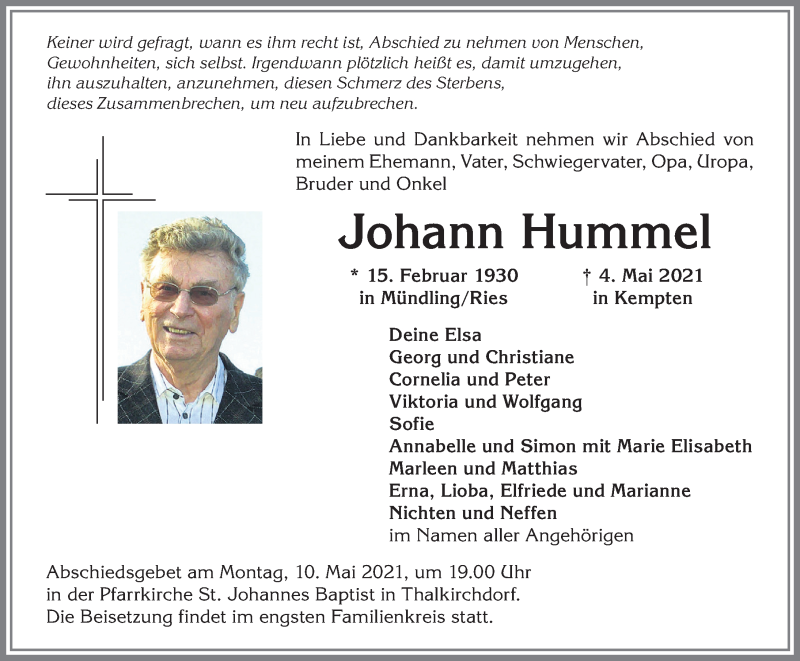  Traueranzeige für Johann Hummel vom 08.05.2021 aus Allgäuer Anzeigeblatt