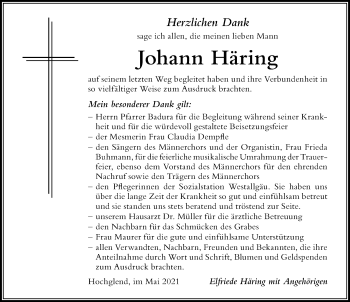 Traueranzeige von Johann Häring von Der Westallgäuer