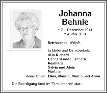 Traueranzeige von Johanna Behnle von Allgäuer Zeitung,Kempten
