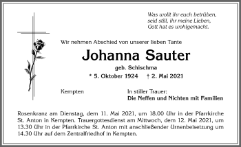 Traueranzeige von Johanna Sauter von Allgäuer Zeitung,Kempten