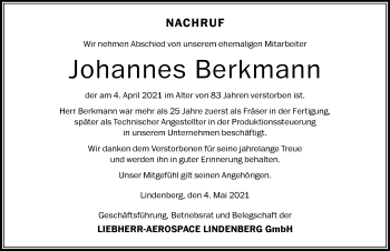 Traueranzeige von Johannes Berkmann von Der Westallgäuer