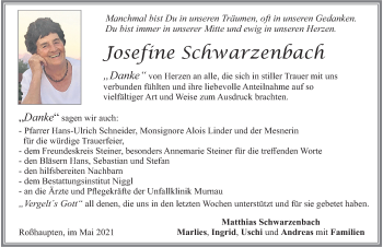 Traueranzeige von Josefine Schwarzenbach von Allgäuer Zeitung, Füssen