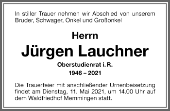Traueranzeige von Jürgen Lauchner von Memminger Zeitung