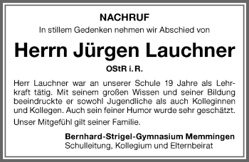 Traueranzeige von Jürgen Lauchner von Memminger Zeitung