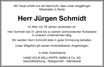 Traueranzeige von Jürgen Schmidt von Memminger Zeitung