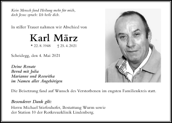 Traueranzeige von Karl März von Der Westallgäuer