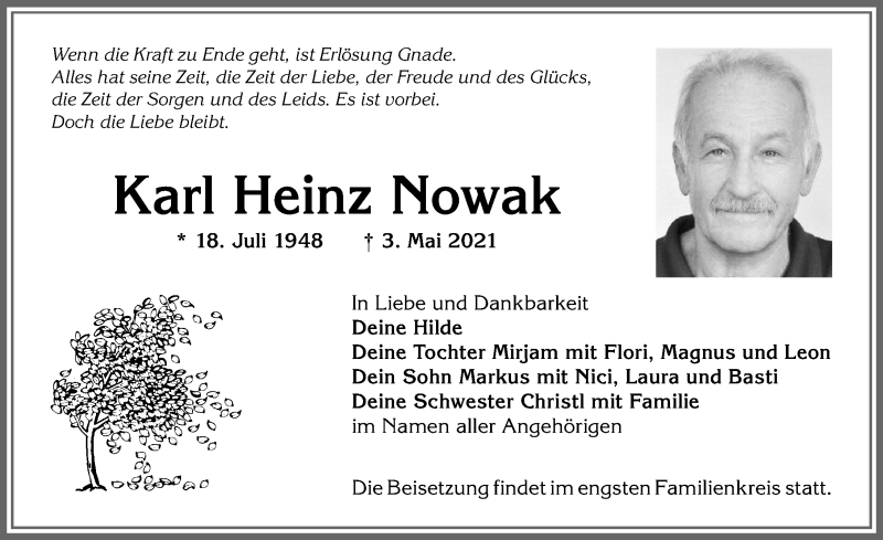  Traueranzeige für Karl Heinz Nowak vom 07.05.2021 aus Allgäuer Anzeigeblatt