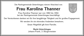 Traueranzeige von Karolina Thanner von Allgäuer Zeitung, Marktoberdorf