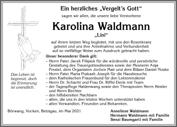 Traueranzeige von Karolina Waldmann von Allgäuer Zeitung,Kempten