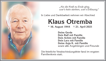 Traueranzeige von Klaus Otremba von Allgäuer Zeitung, Kaufbeuren/Buchloe