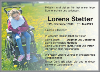 Traueranzeige von Lorena Stetter von Memminger Zeitung