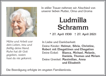 Traueranzeige von Ludmilla Schramm von Allgäuer Zeitung,Kempten