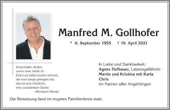 Traueranzeige von Manfred M. Gollhofer von Allgäuer Anzeigeblatt