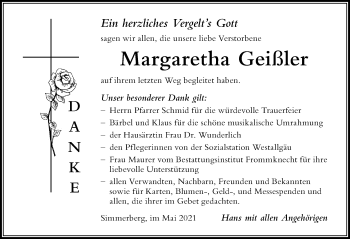 Traueranzeige von Margaretha Geißler von Der Westallgäuer