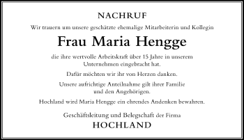 Traueranzeige von Maria Hengge von Der Westallgäuer