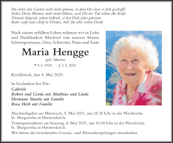 Traueranzeige von Maria Hengge von Der Westallgäuer