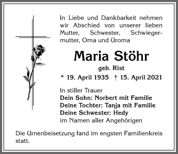 Traueranzeige von Maria Stöhr von Allgäuer Zeitung