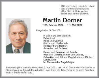 Traueranzeige von Martin Dorner von Allgäuer Zeitung