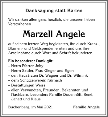 Traueranzeige von Marzell Angele von Allgäuer Zeitung,Kempten