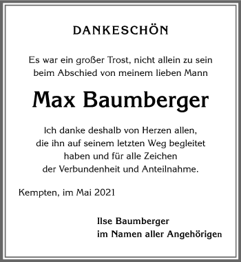 Traueranzeige von Max Baumberger von Allgäuer Zeitung