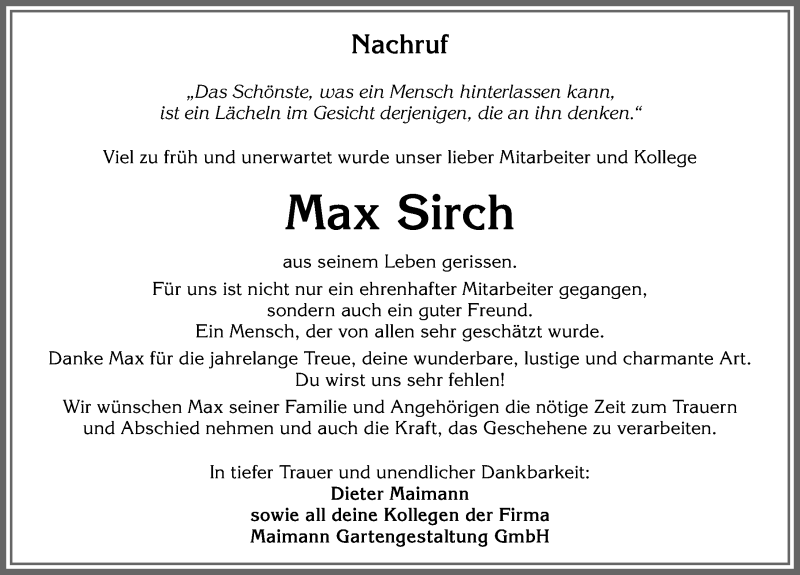  Traueranzeige für Maxi Sirch vom 06.05.2021 aus Allgäuer Zeitung, Kaufbeuren/Buchloe