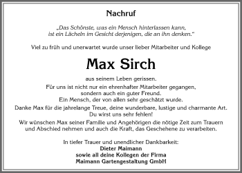 Traueranzeige von Maxi Sirch von Allgäuer Zeitung, Kaufbeuren/Buchloe