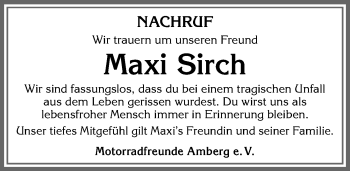 Traueranzeige von Maxi Sirch von Allgäuer Zeitung, Kaufbeuren/Buchloe