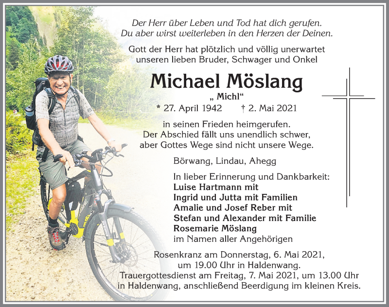  Traueranzeige für Michael Möslang vom 05.05.2021 aus Allgäuer Zeitung,Kempten