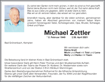 Traueranzeige von Michael Zettler von Memminger Zeitung