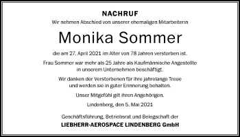 Traueranzeige von Monika Sommer von Der Westallgäuer