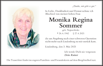 Traueranzeige von Monika Regina Sommer von Der Westallgäuer