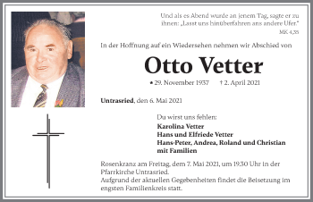 Traueranzeige von Otto Vetter von Allgäuer Zeitung, Marktoberdorf