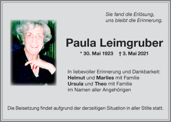 Traueranzeige von Paula Leimgruber von Memminger Zeitung