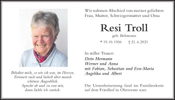 Traueranzeige von Resi Troll von Der Westallgäuer