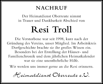 Traueranzeige von Resi Troll von Der Westallgäuer