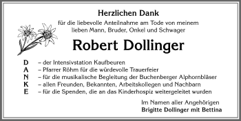 Traueranzeige von Robert Dollinger von Allgäuer Zeitung, Kaufbeuren/Buchloe