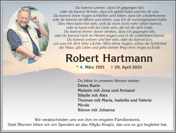 Traueranzeige von Robert Hartmann von Allgäuer Zeitung,Kempten